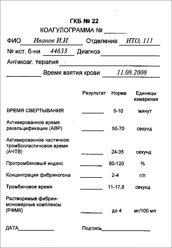 стандартный бланк неразвернутой коагулограммы